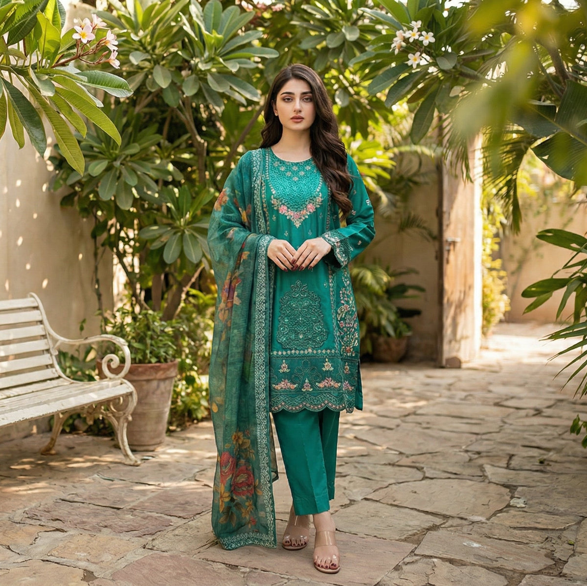 Emerald Elegance: Embroidered 3-Piece Cotton Lawn