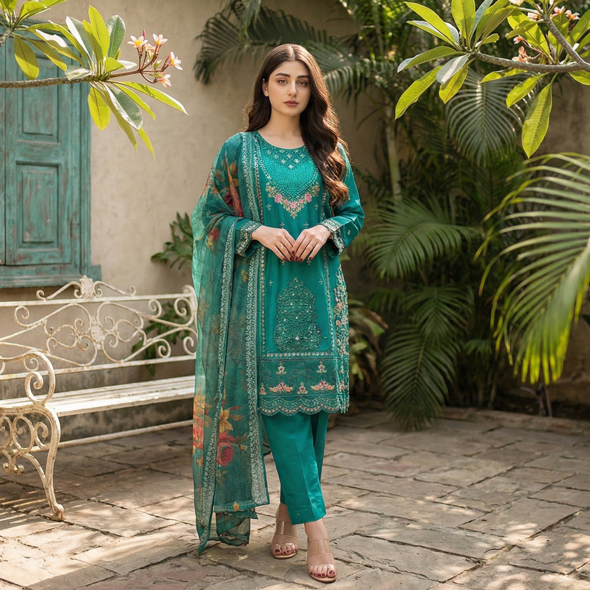 Emerald Elegance: Embroidered 3-Piece Cotton Lawn