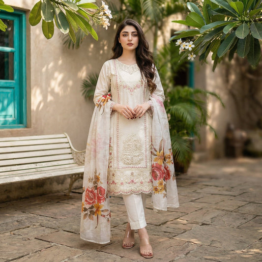 Enchanted Ivory: Embroidered 3-Piece Cotton Lawn