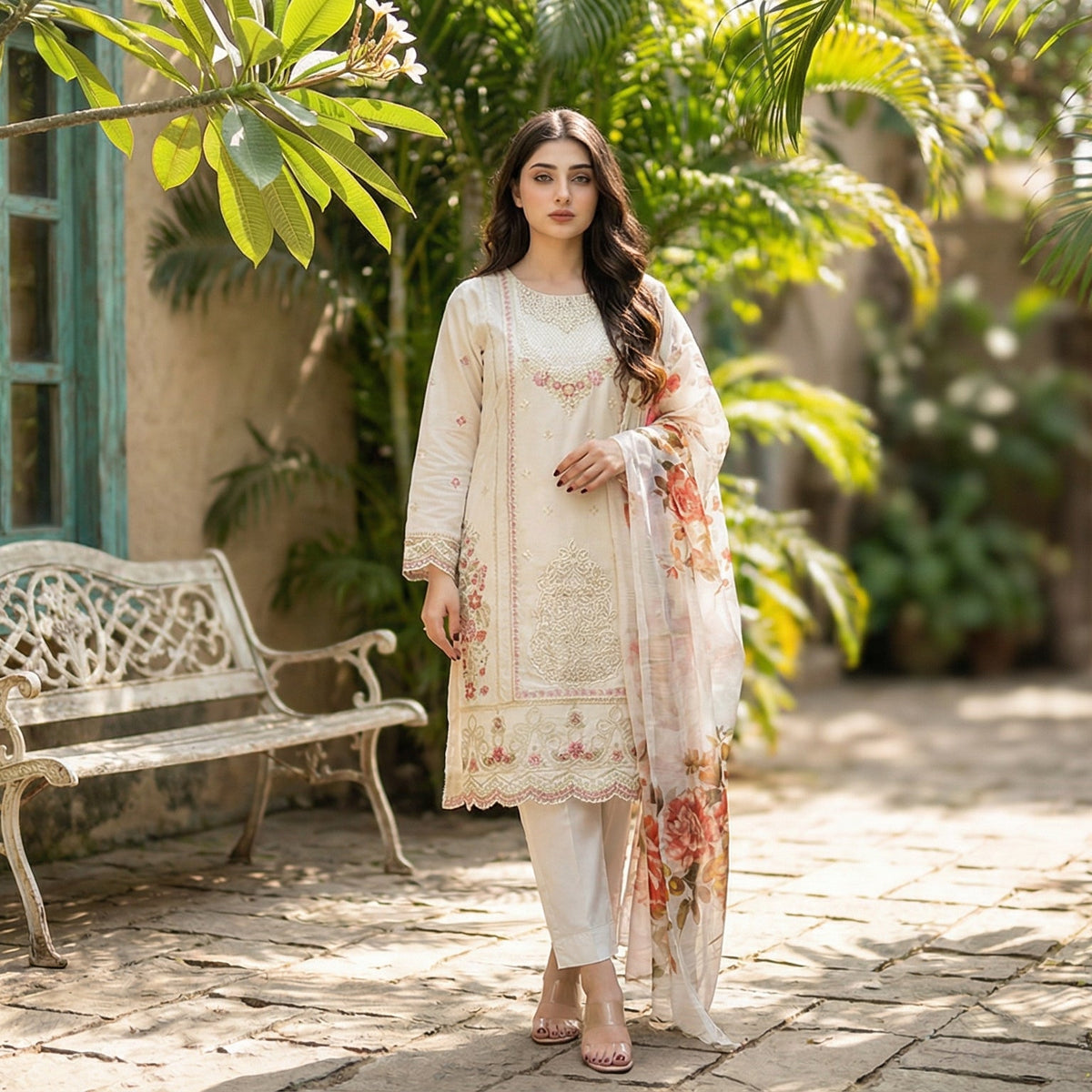 Enchanted Ivory: Embroidered 3-Piece Cotton Lawn