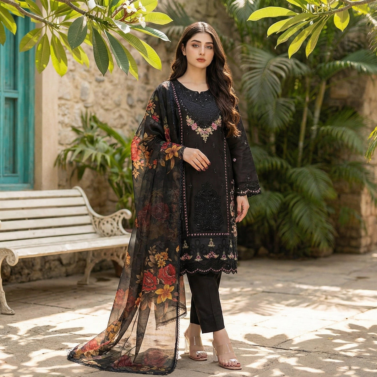 Onyx Evening: Embroidered 3-Piece Cotton Lawn