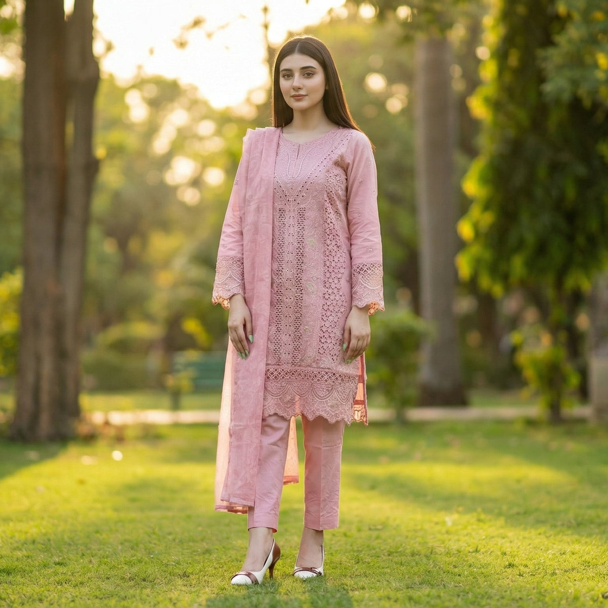 Serene Rose: Embroidered 3-Piece Cotton Lawn