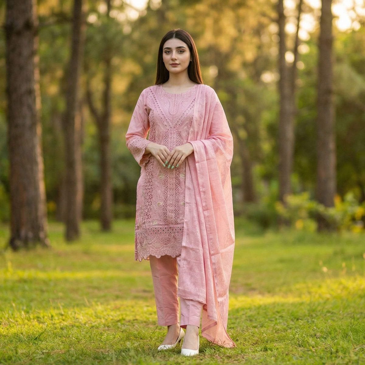 Serene Rose: Embroidered 3-Piece Cotton Lawn