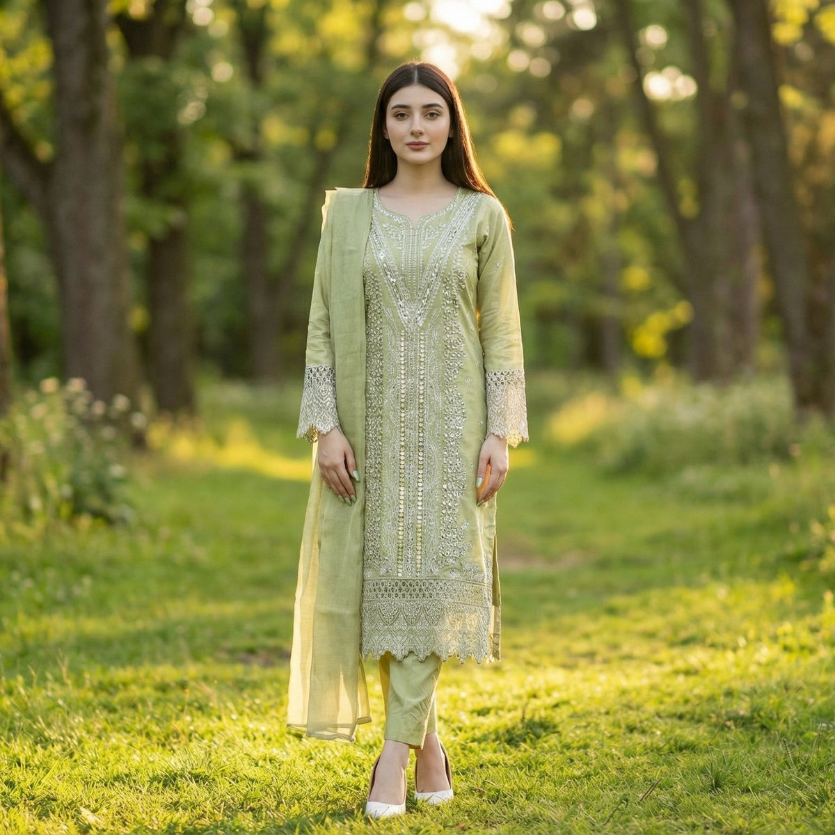 Minted Glitz: Embroidered 3-Piece Cotton Lawn