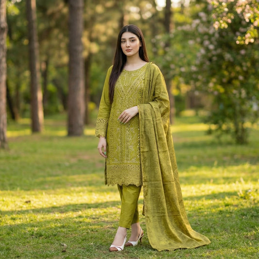 Olive Verdant: Embroidered 3-Piece Cotton Lawn