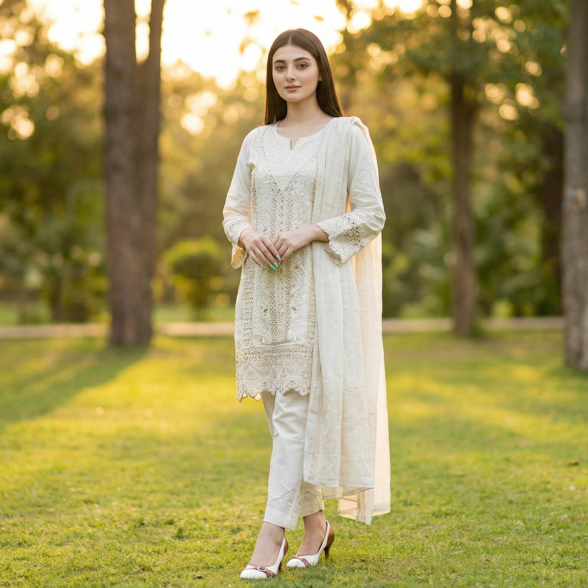Charming Ecru: Embroidered 3-Piece Cotton Lawn