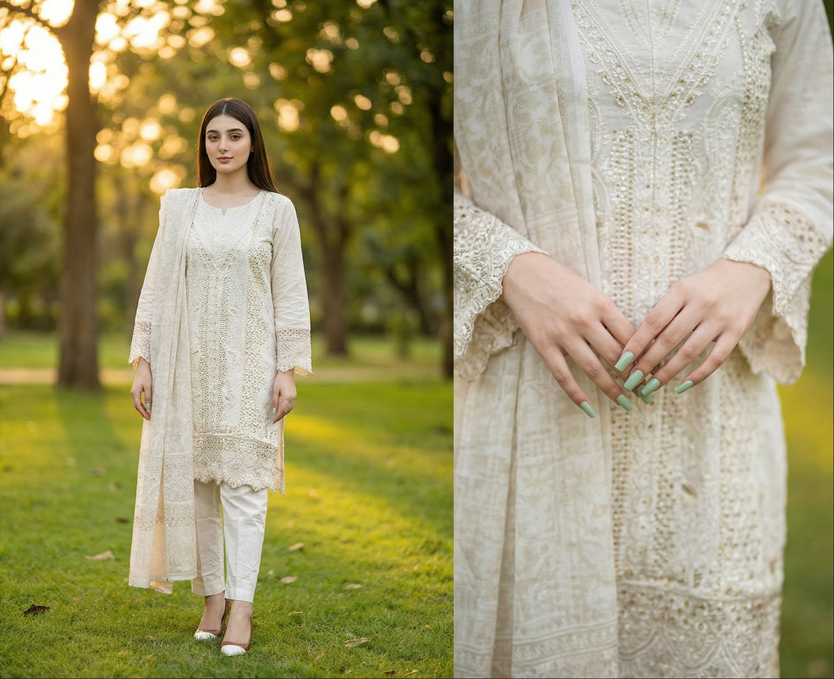 Charming Ecru: Embroidered 3-Piece Cotton Lawn
