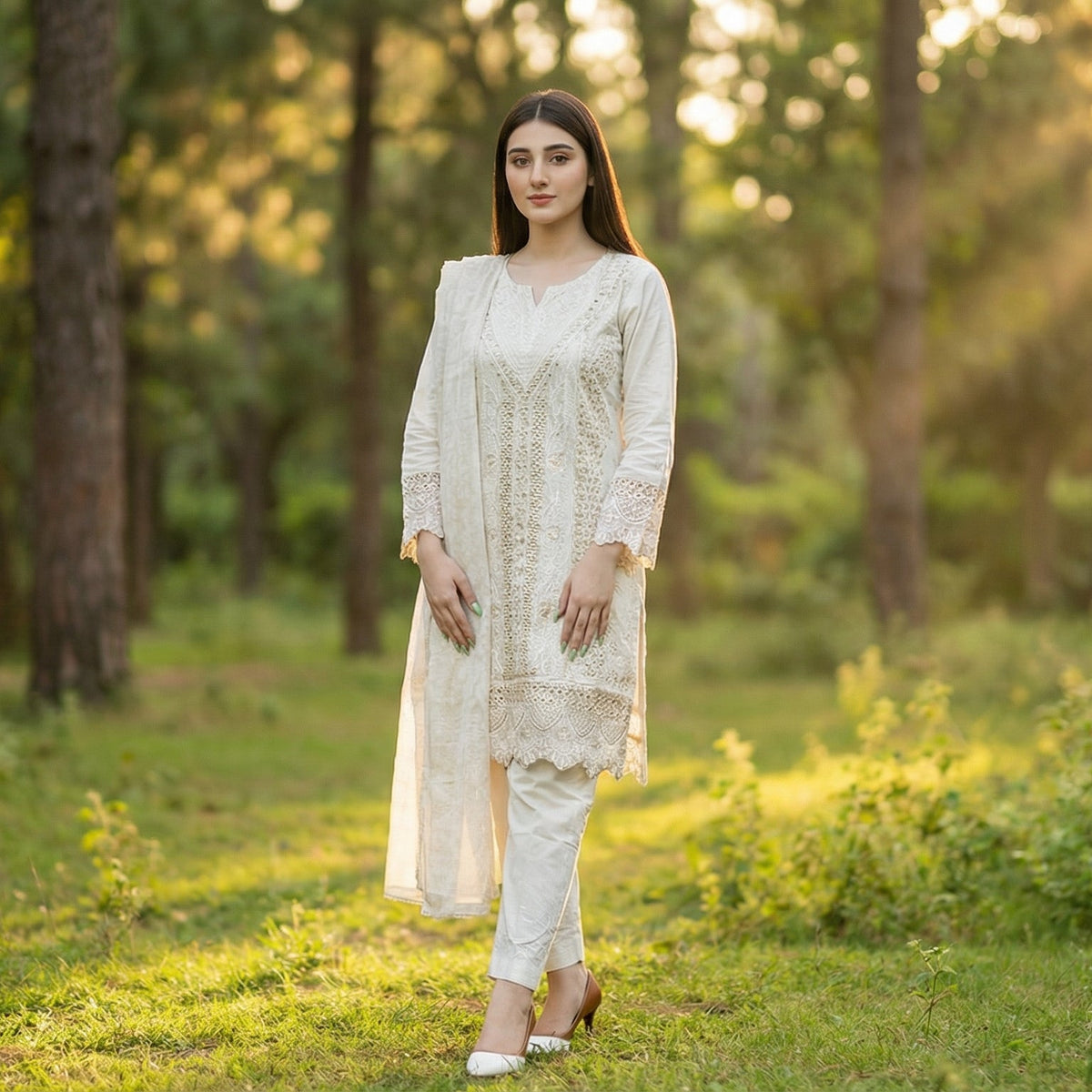 Charming Ecru: Embroidered 3-Piece Cotton Lawn