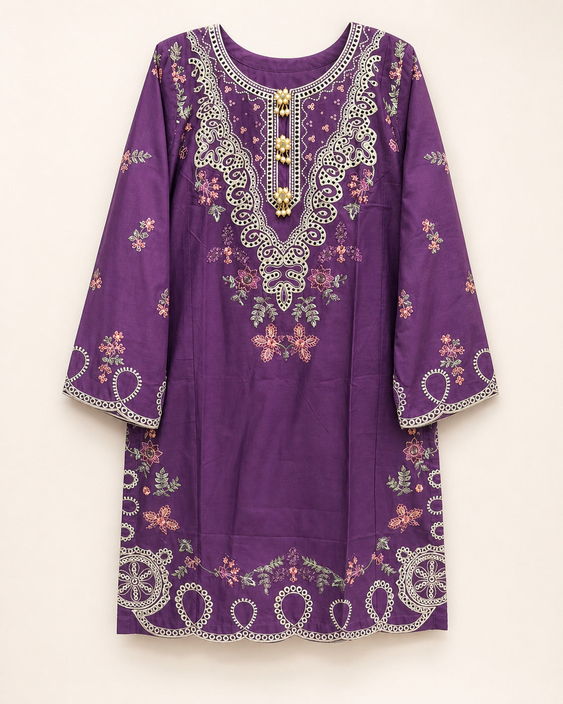 Deep Purple Winter Cotton Embroidered Kurti – Stitched Casual Kameez for Women