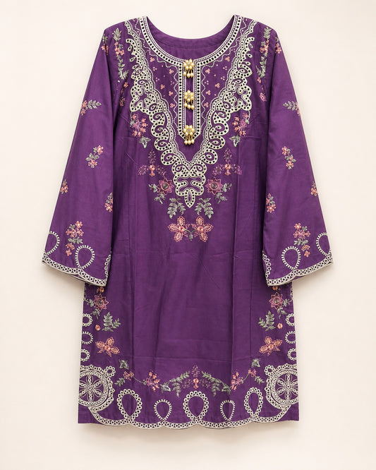 Deep Purple Winter Cotton Embroidered Kurti – Stitched Casual Kameez for Women