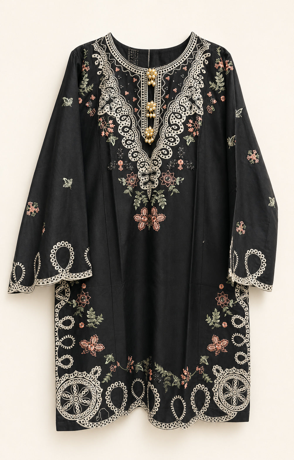 Black Winter Cotton Embroidered Kurti – Premium Stitched Casual Kameez