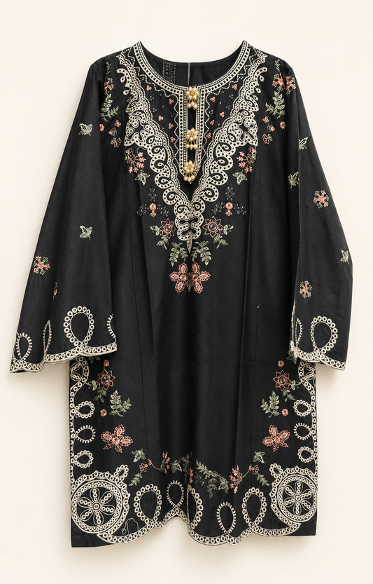 Black Winter Cotton Embroidered Kurti – Premium Stitched Casual Kameez