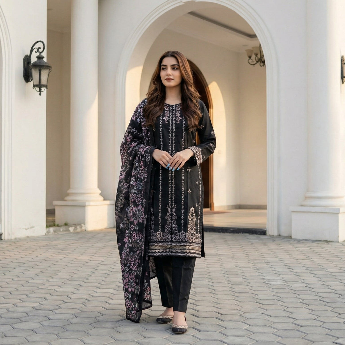 Obsidian Aura: Embroidered 3-Piece Cotton Lawn