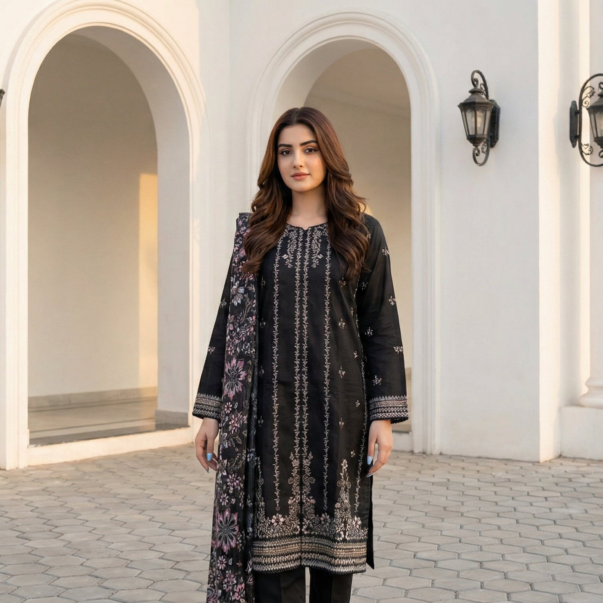 Obsidian Aura: Embroidered 3-Piece Cotton Lawn