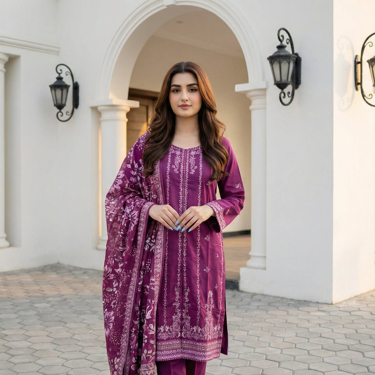 Orchid Dusk: Embroidered 3-Piece Cotton Lawn