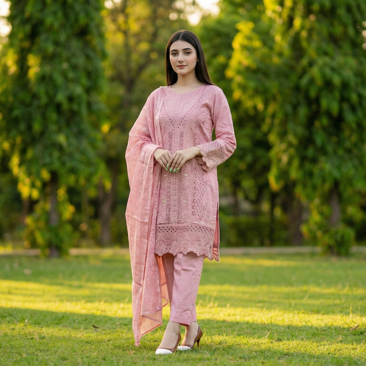 Serene Rose: Embroidered 3-Piece Cotton Lawn