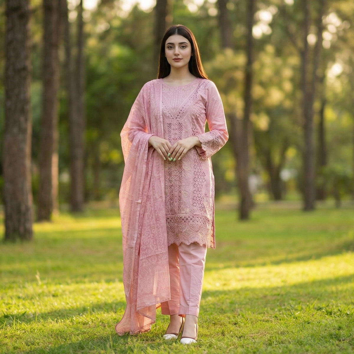 Serene Rose: Embroidered 3-Piece Cotton Lawn