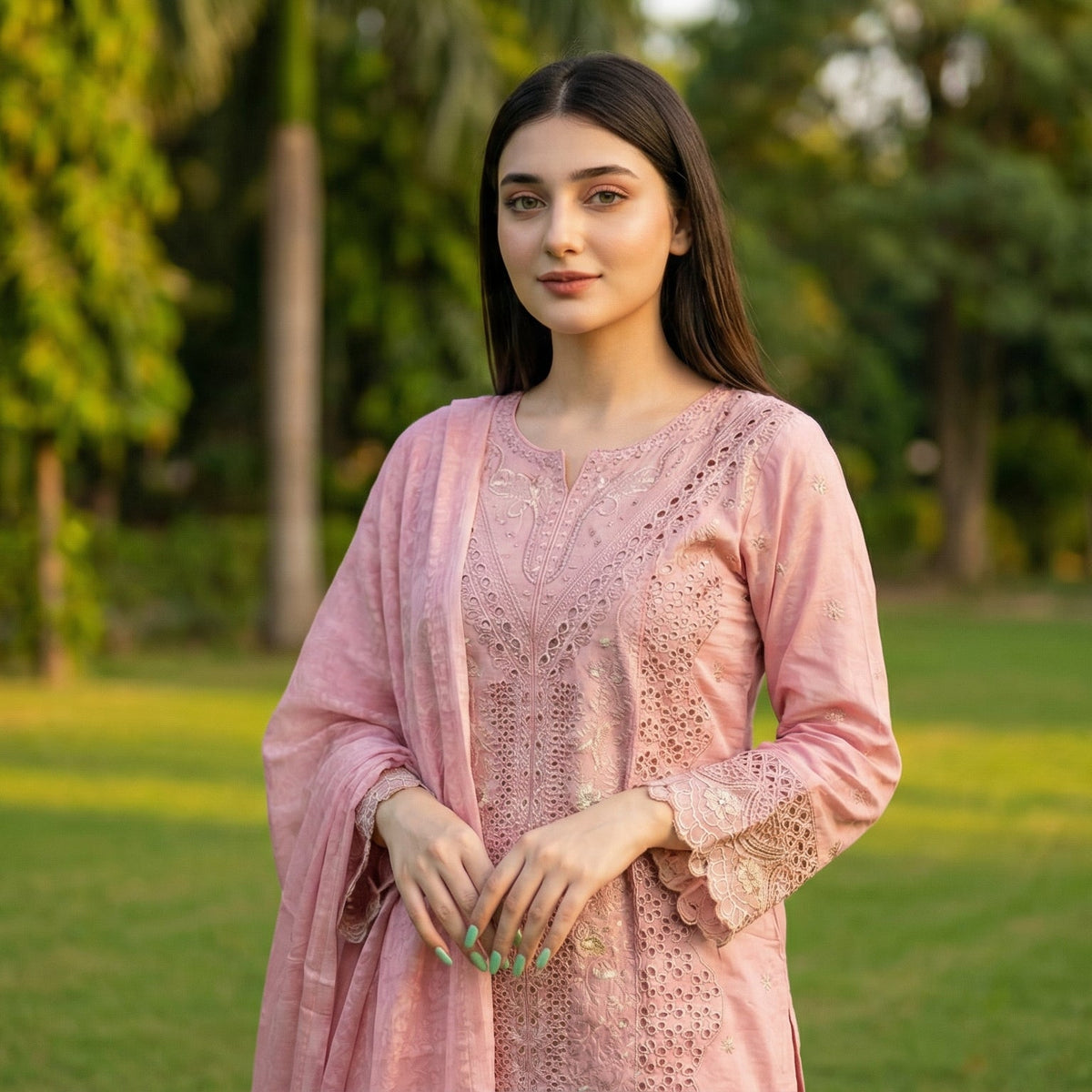Serene Rose: Embroidered 3-Piece Cotton Lawn