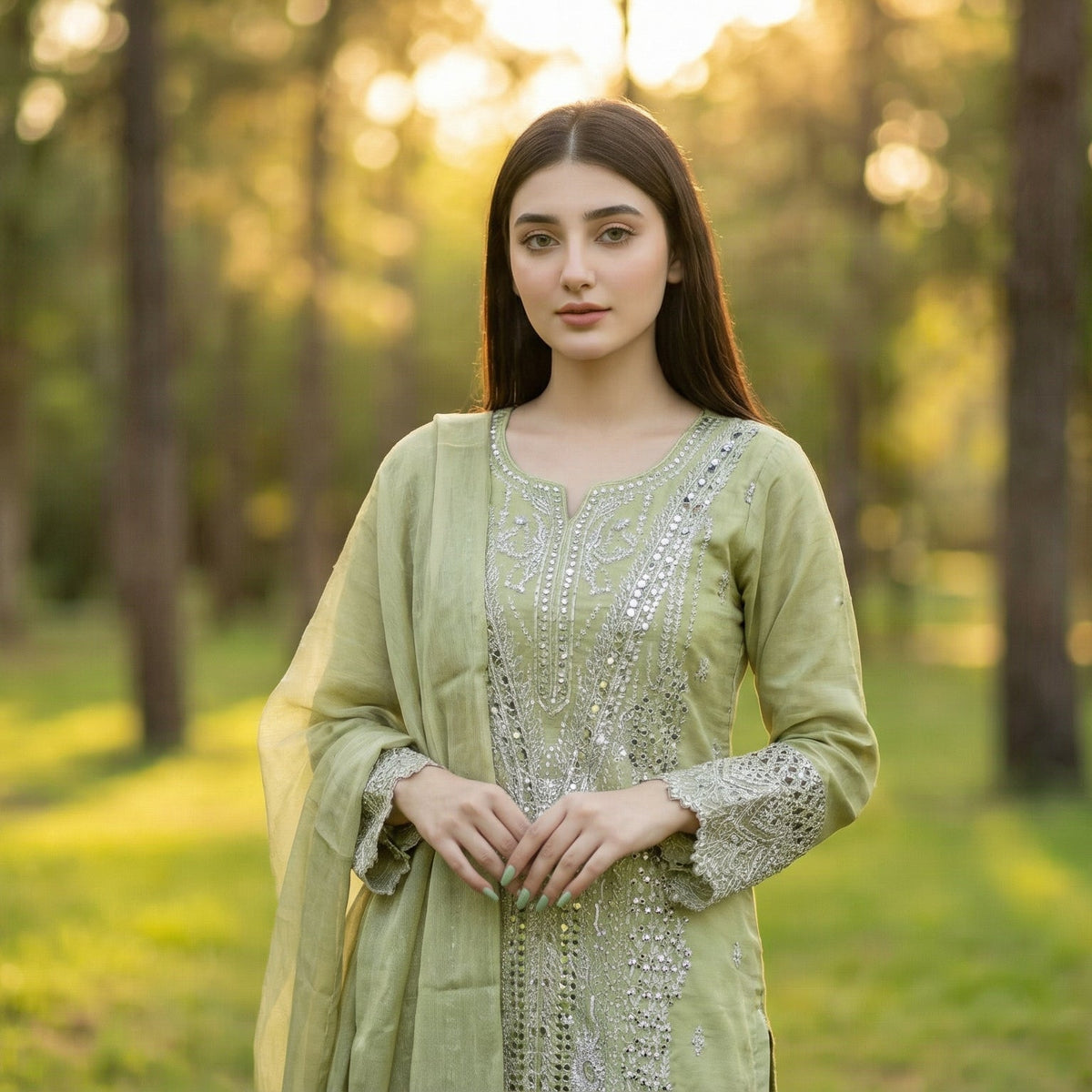 Minted Glitz: Embroidered 3-Piece Cotton Lawn