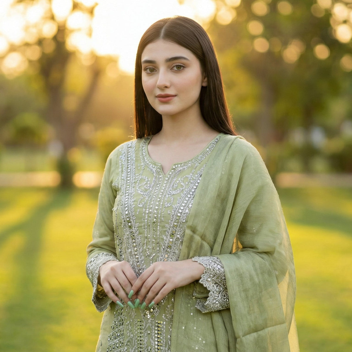Minted Glitz: Embroidered 3-Piece Cotton Lawn