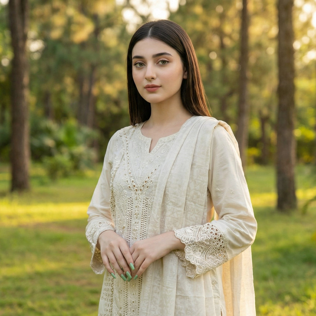 Charming Ecru: Embroidered 3-Piece Cotton Lawn