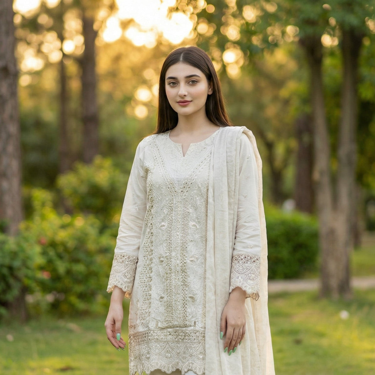Charming Ecru: Embroidered 3-Piece Cotton Lawn