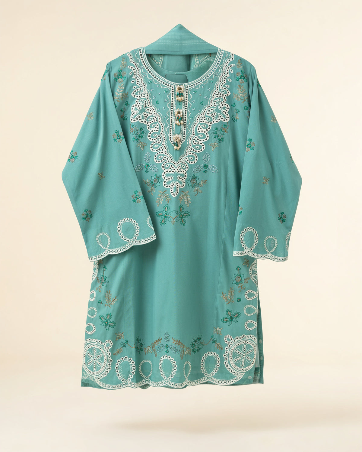 Sea Green Winter Cotton Embroidered Kurti – Stitched Casual Kameez for Women