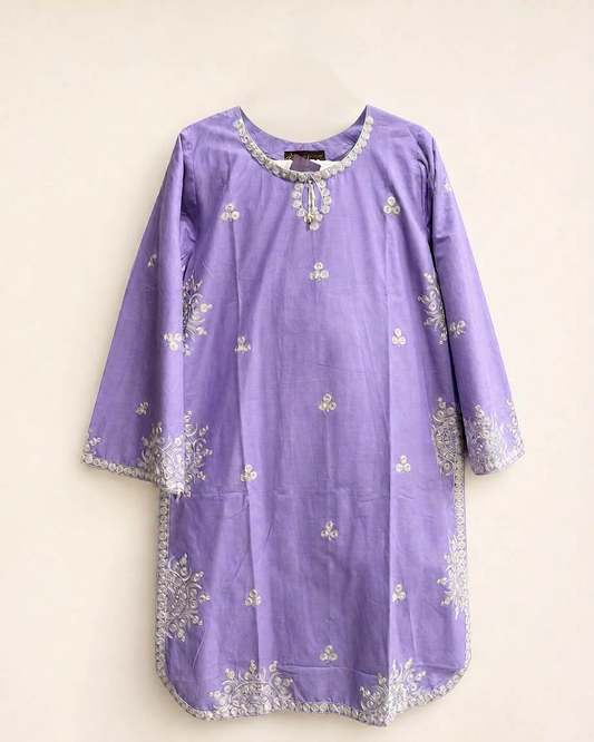 Lilac Winter Cotton Embroidered Kurti – Warm Stitched Shirt for Women